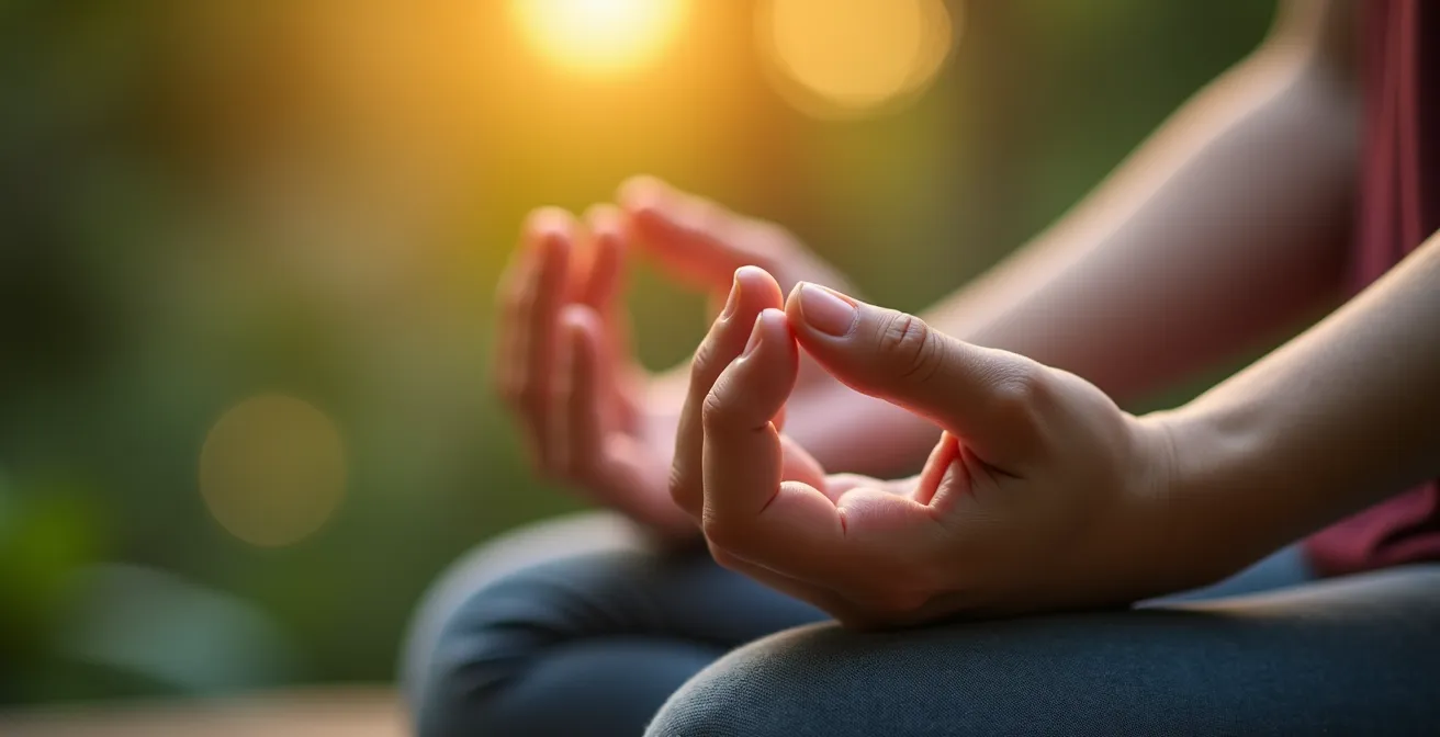Person in meditativer Haltung in natürlicher Umgebung mit Fokus auf Ruhe und Achtsamkeit