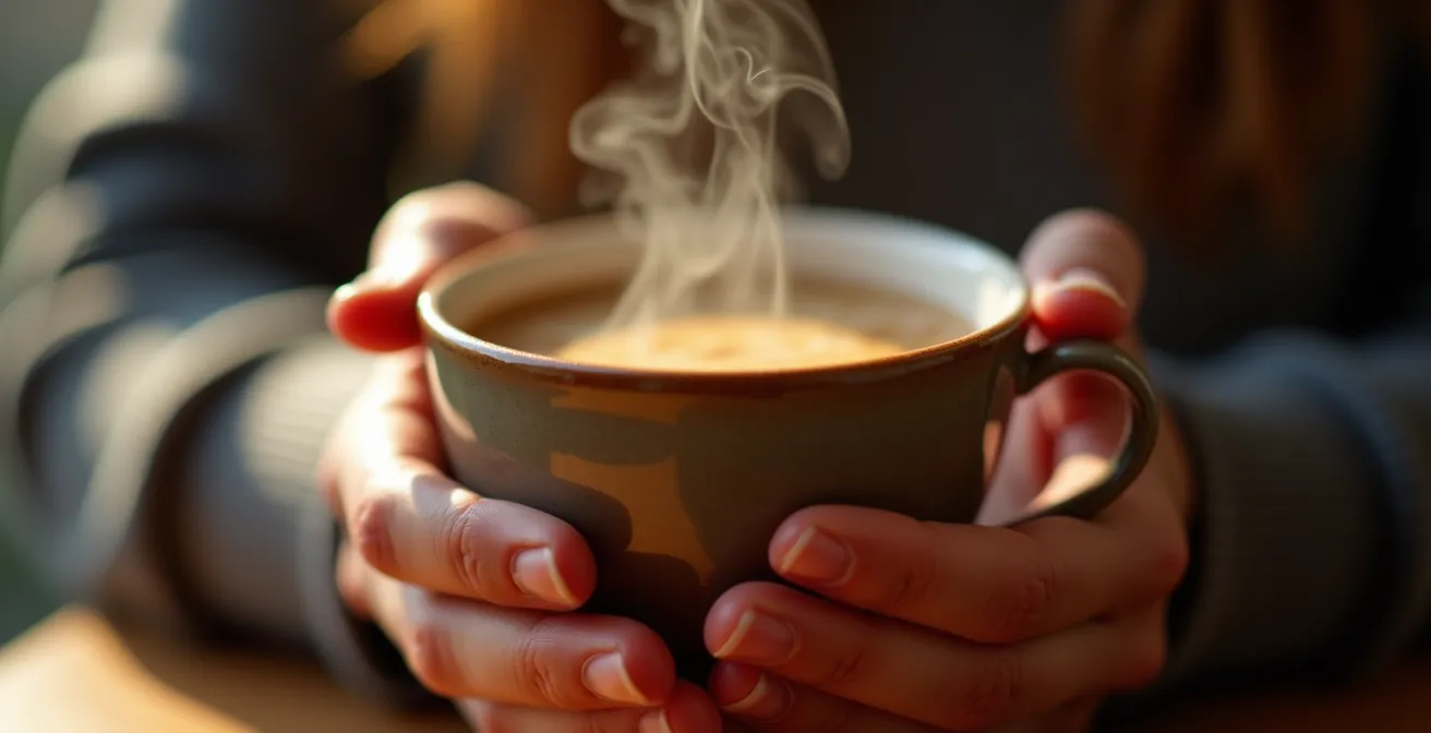 Nahaufnahme von Händen, die achtsam eine Kaffeetasse halten mit Dampf im Morgenlicht