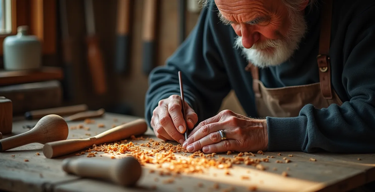 Traditioneller Handwerker bei der Arbeit in historischer Werkstatt