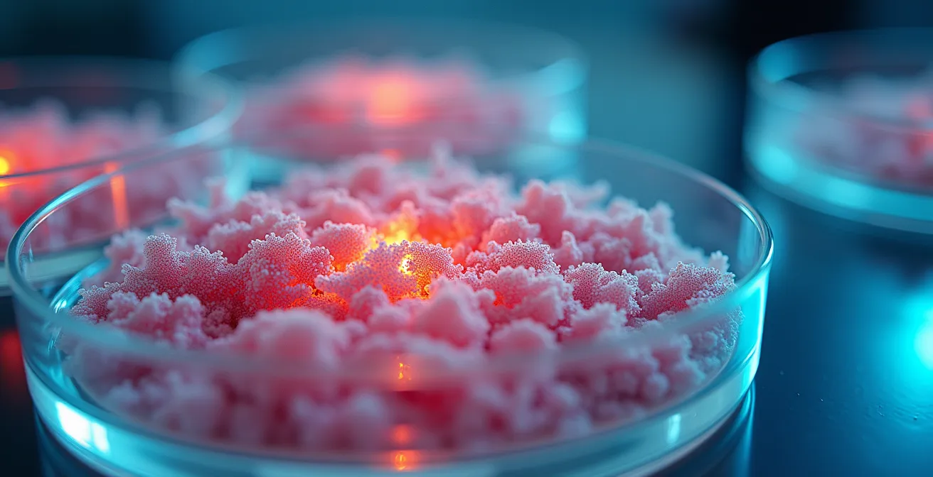 Makroaufnahme von bakteriellen Kulturen in Petrischalen mit organischen Mustern