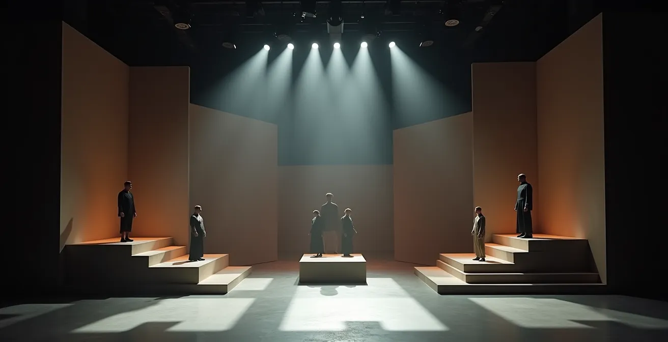 Weitwinkelaufnahme einer leeren Theaterbühne mit dramatischer Lichtinstallation und minimalistischem Bühnenbild