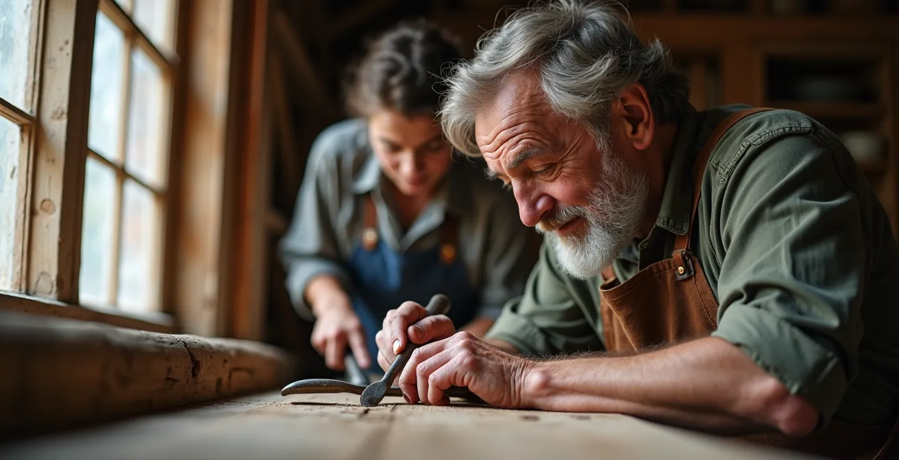 Menschen verschiedener Generationen bei gemeinsamer Restaurierungsarbeit an historischem Gebäude