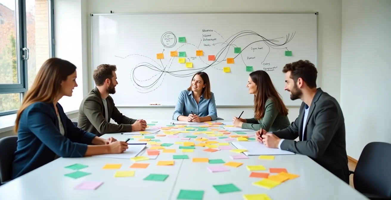 Visuelle Darstellung eines Customer Journey Mapping Workshops mit Teilnehmern und abstrakten Diagrammen