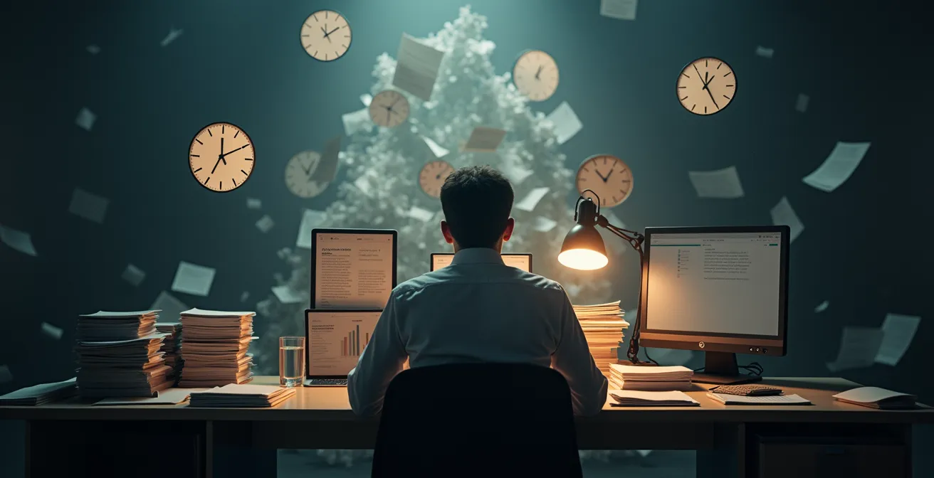 Gestresster Büroangestellter zwischen Aktenbergen und Uhren in deutschem Büro