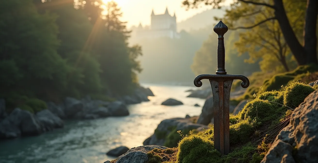 Mystische Darstellung deutscher Sagenwelt mit Rheinlandschaft und mythologischen Elementen