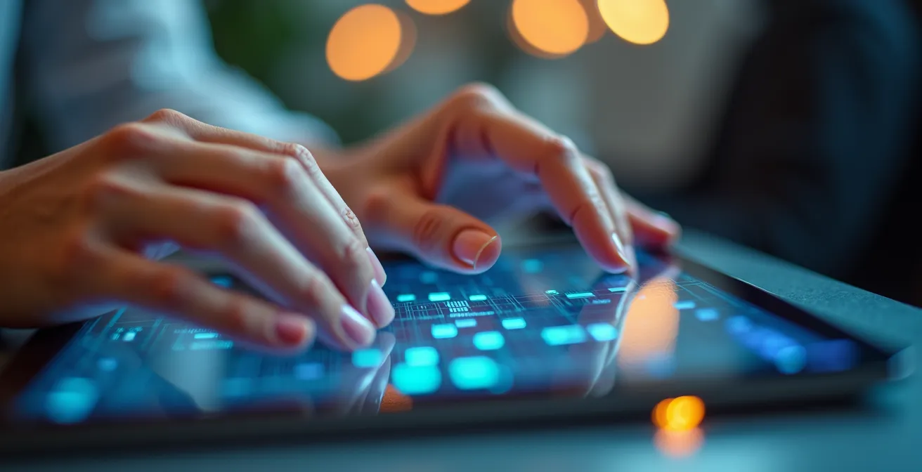 Nahaufnahme digitaler Analyseprozess auf Tablet-Display mit verschwommenem Hintergrund