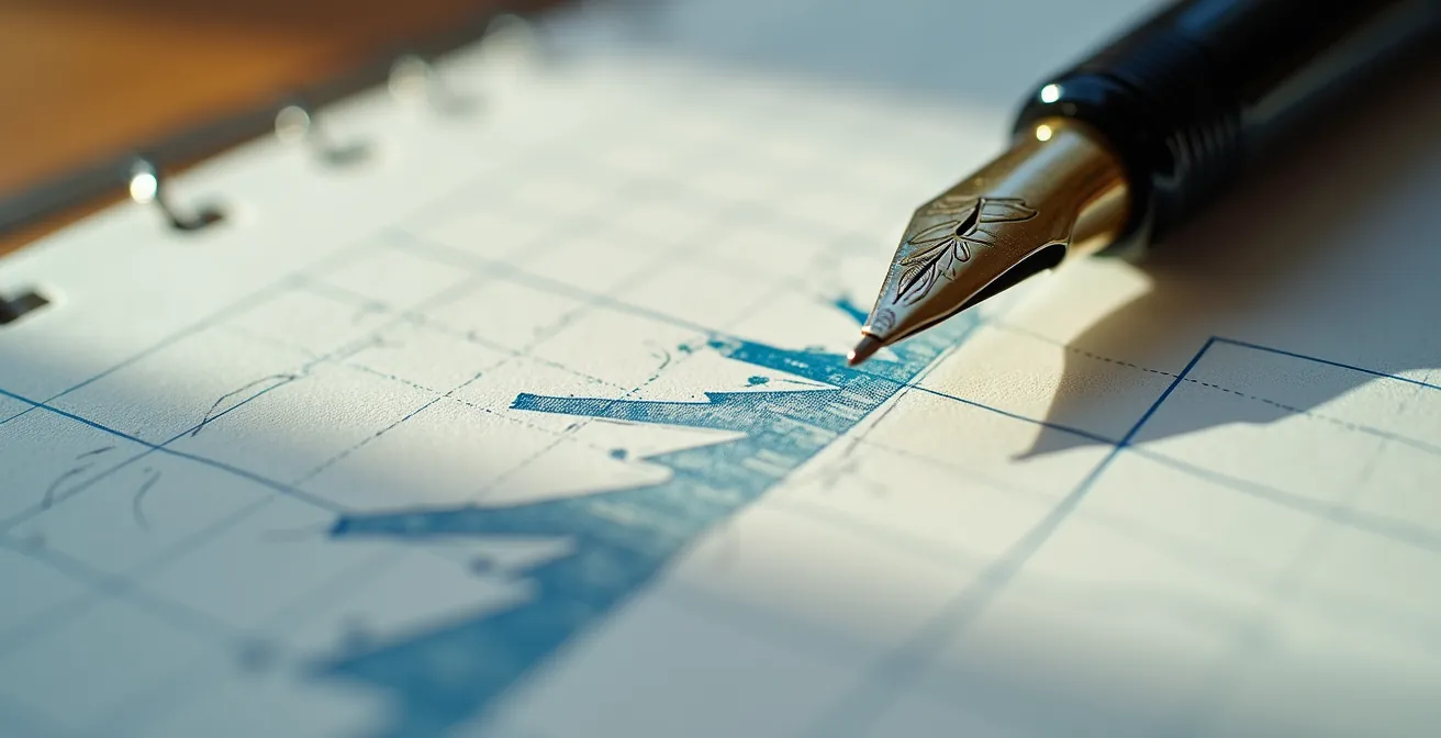 Aufgeschlagenes Leuchtturm1917 Notizbuch mit Energie-Tracking-Einträgen auf deutschem Schreibtisch