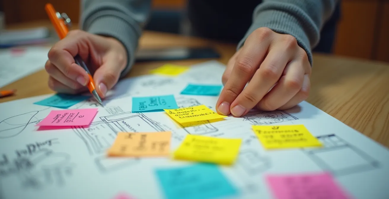 Makroaufnahme von Händen beim Sortieren von Festival-Notizen und bunten Haftnotizen auf einem Schreibtisch.