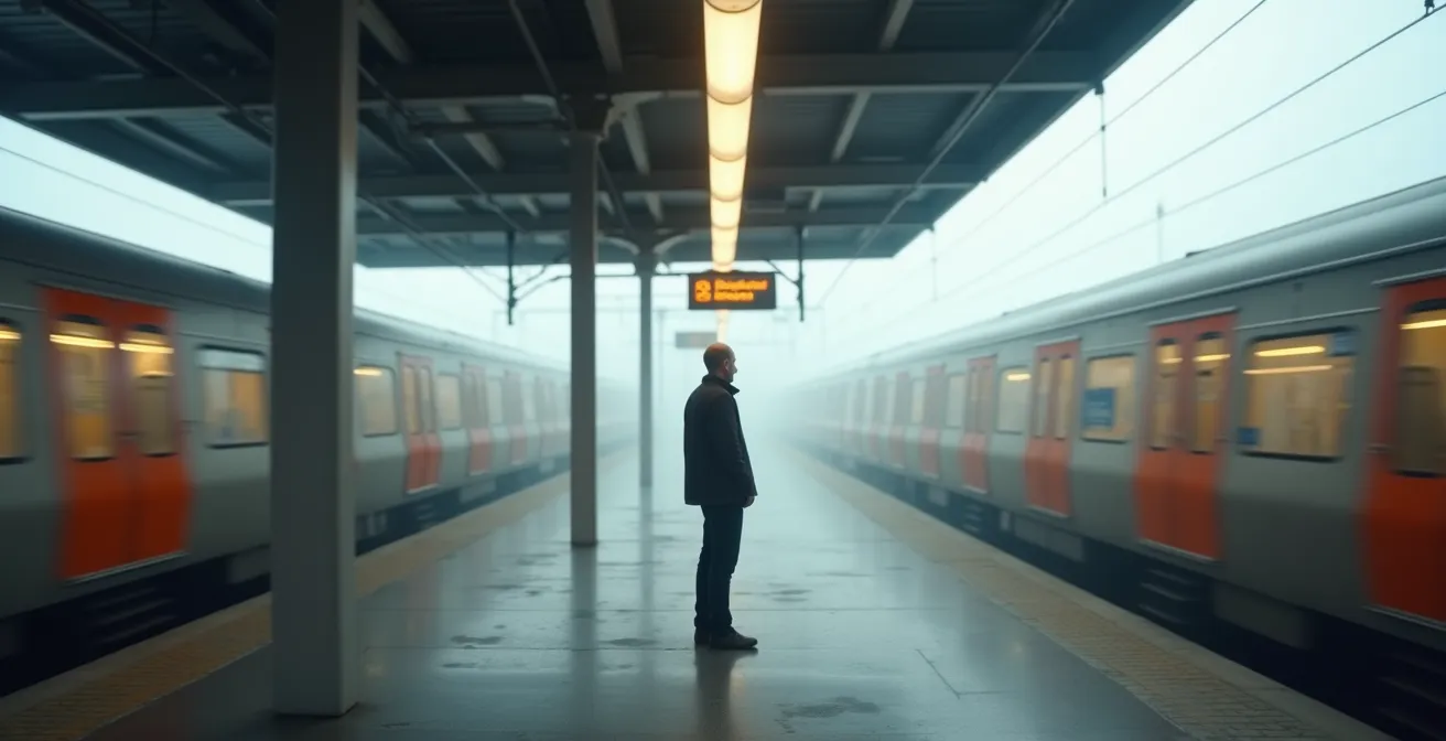 Person beobachtet vorbeifahrende Züge an einem Bahnsteig als Metapher für Gedankenbeobachtung