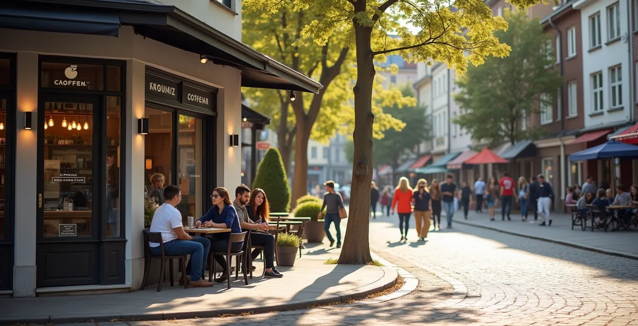 Straßenszene mit unabhängigem Café, Bioladen und renoviertem Spielplatz als Zeichen der Gentrifizierung