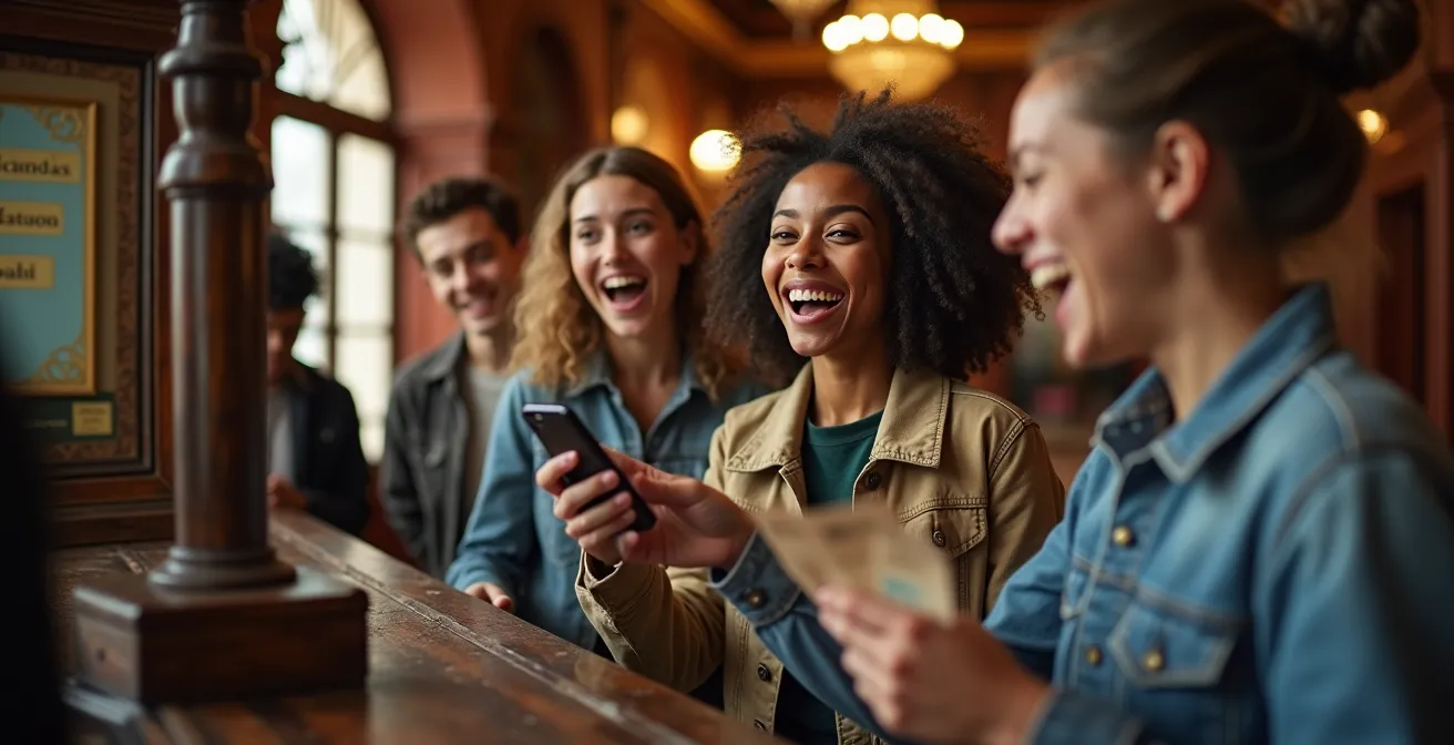 Junge Menschen an einer Theaterkasse, die sich über verschiedene Vergünstigungsmöglichkeiten für Kulturtickets in Deutschland freuen.