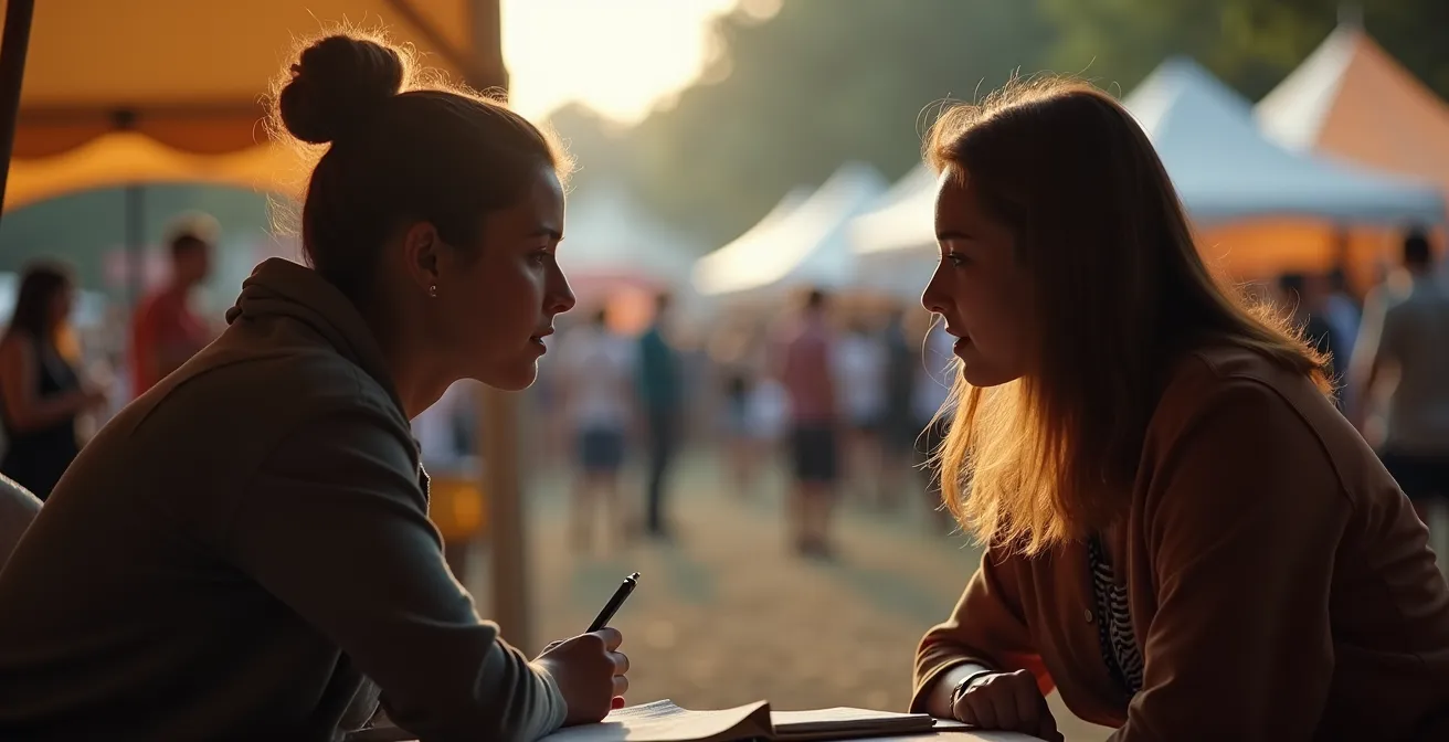 Introvertierte Person im strukturierten Networking-Format auf Festival, die in einem ruhigen Gespräch Notizen macht.