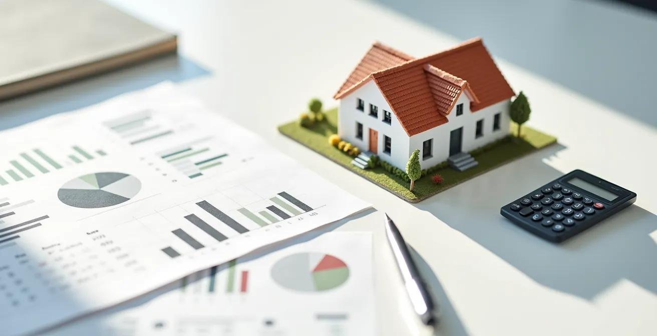 Architekturmodell eines deutschen Wohnhauses mit Förderunterlagen und Taschenrechner