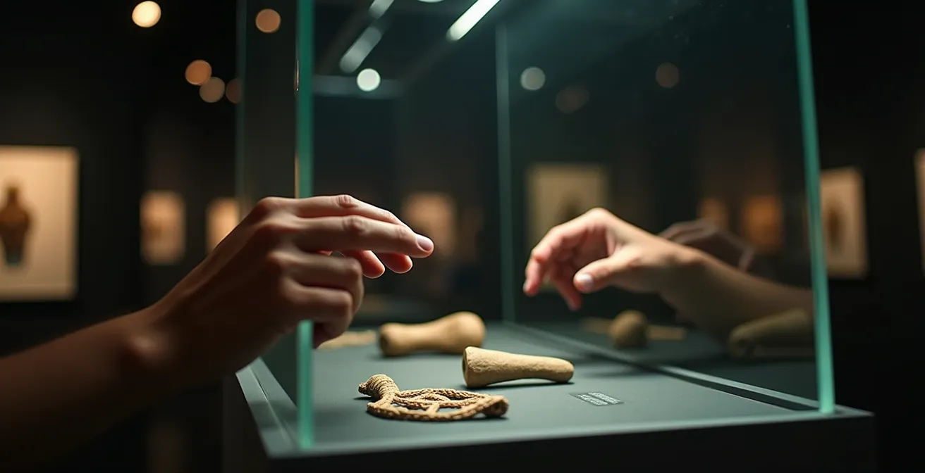 Symbolische Darstellung der Restitutionsdebatte: Die Reflexion moderner Hände auf einer Museumsvitrine, die auf antike Artefakte darin zu deuten scheinen.