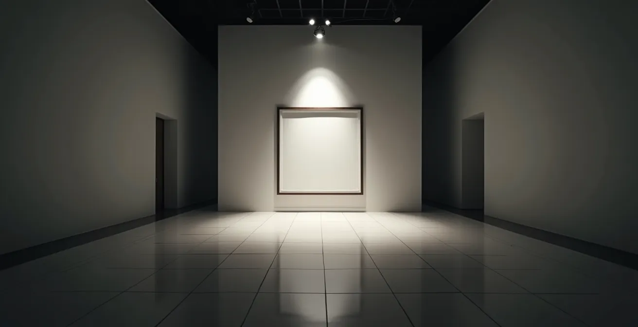Weitwinkelaufnahme eines minimalistischen Museumsraums mit dramatischer Beleuchtung