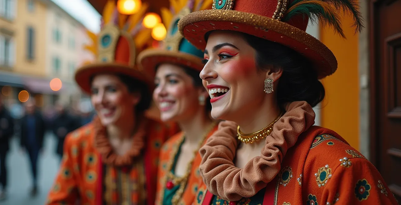 Lebendige Traditionen und immaterielles Kulturerbe in Deutschland, dargestellt durch lachende Karnevalisten in traditionellen Kostümen.