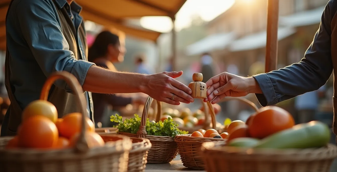 Lokaler Markt mit traditionellem Handwerk und regionalen Produkten, die von einem Reisenden bewundert werden