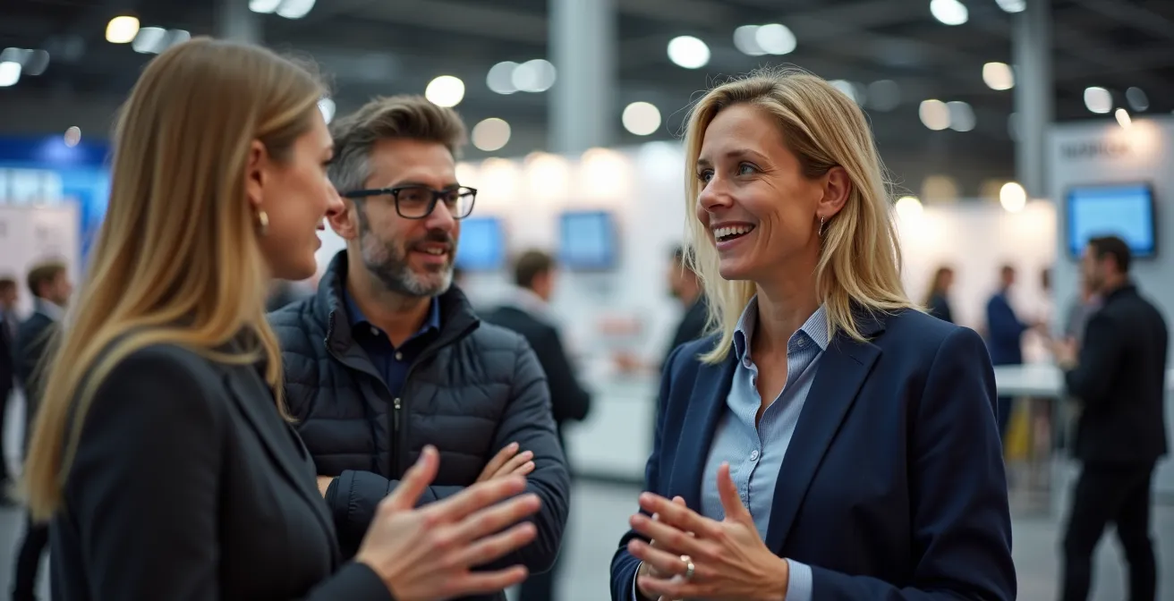 Zwei Geschäftsleute im engagierten Gespräch auf einer deutschen Industriemesse, der Hintergrund ist unscharf.