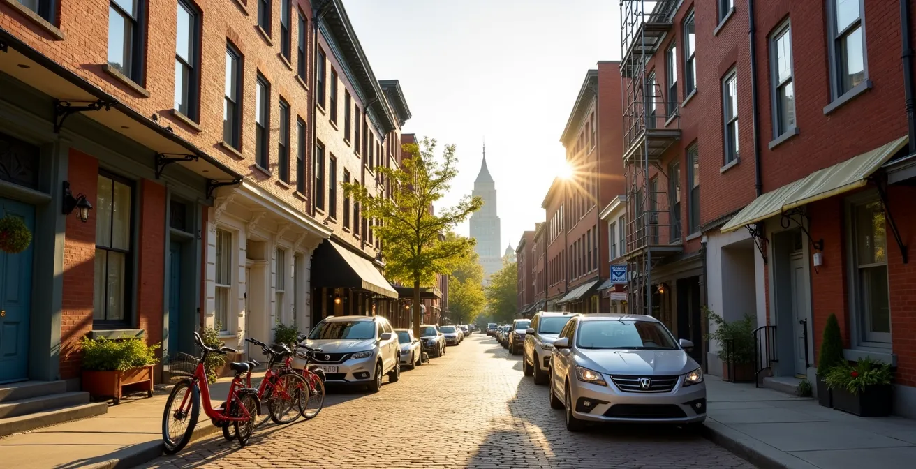 Stadtvierteil mit Gentrifizierungsindikatoren wie Bioläden und sanierten Fassaden