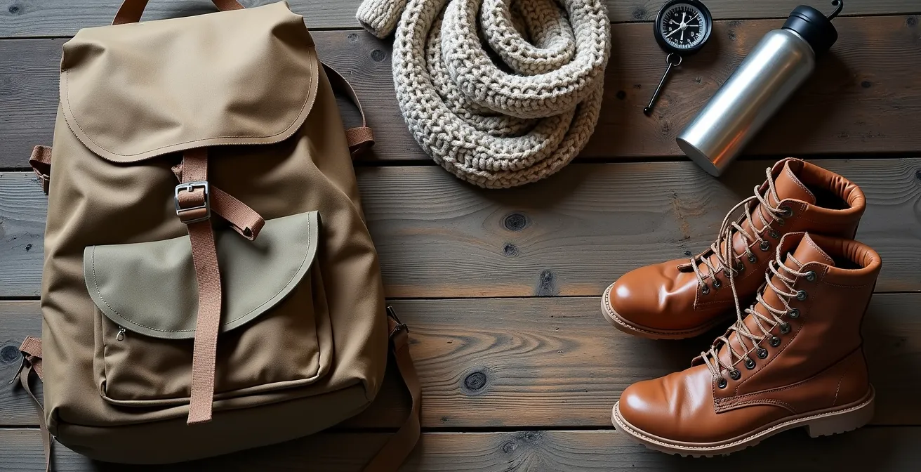 Sorgfältig arrangierte Wanderausrüstung mit Rucksack, Wanderschuhen und Hüttenschlafsack auf Holzboden