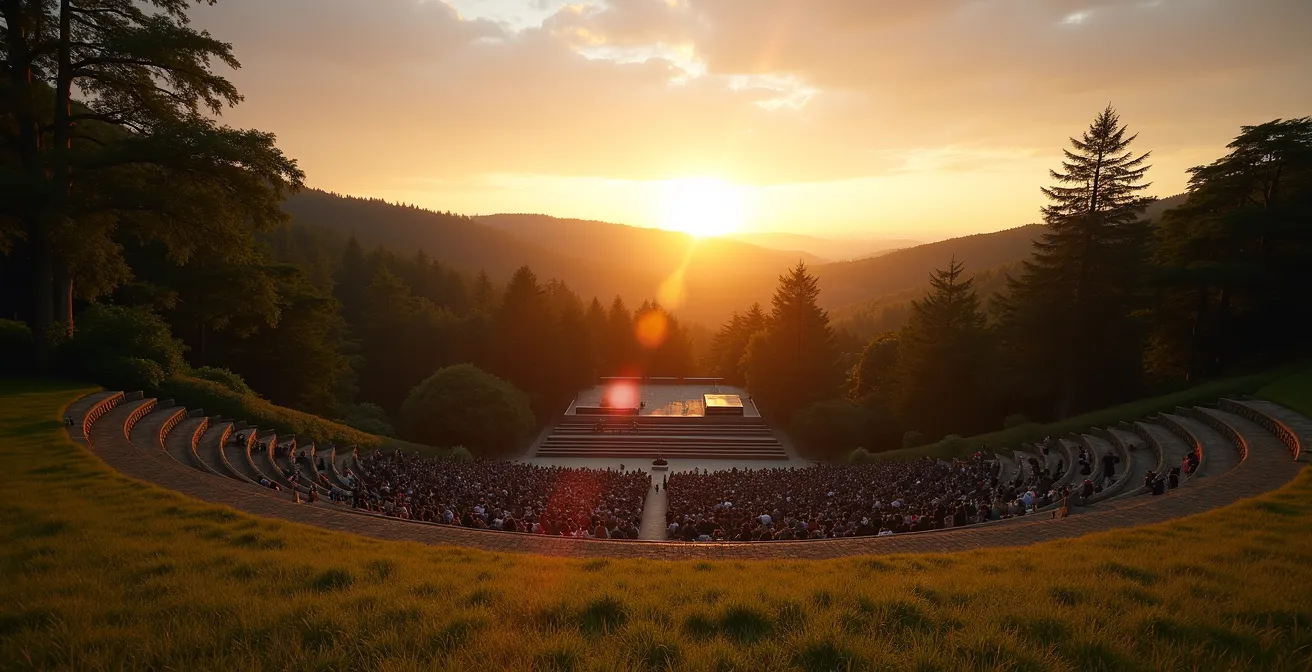 Weitwinkelaufnahme einer Open-Air-Bühne in natürlicher Umgebung bei Abenddämmerung
