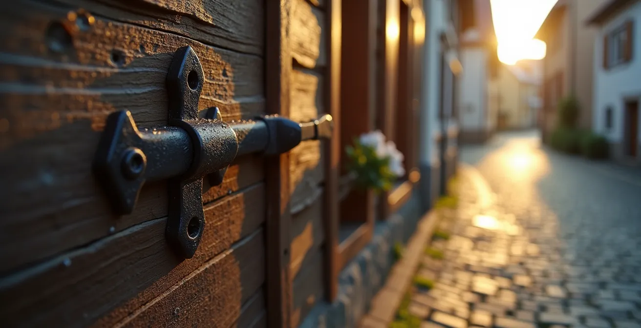 Ruhiger alternativer Reiseort mit einer leeren Kopfsteinpflastergasse und Fachwerkhäusern abseits der Touristenströme