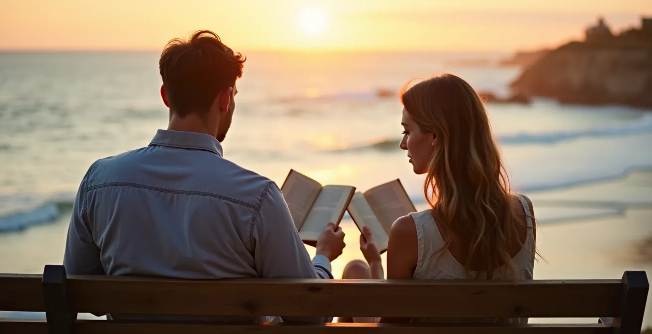 Paar sitzt nebeneinander auf einer Bank mit Blick aufs Meer, jeder liest ein eigenes Buch