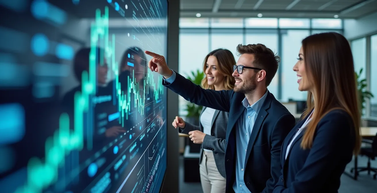 Mitarbeiter analysieren Echtzeit-Dashboard in modernem deutschen Büro