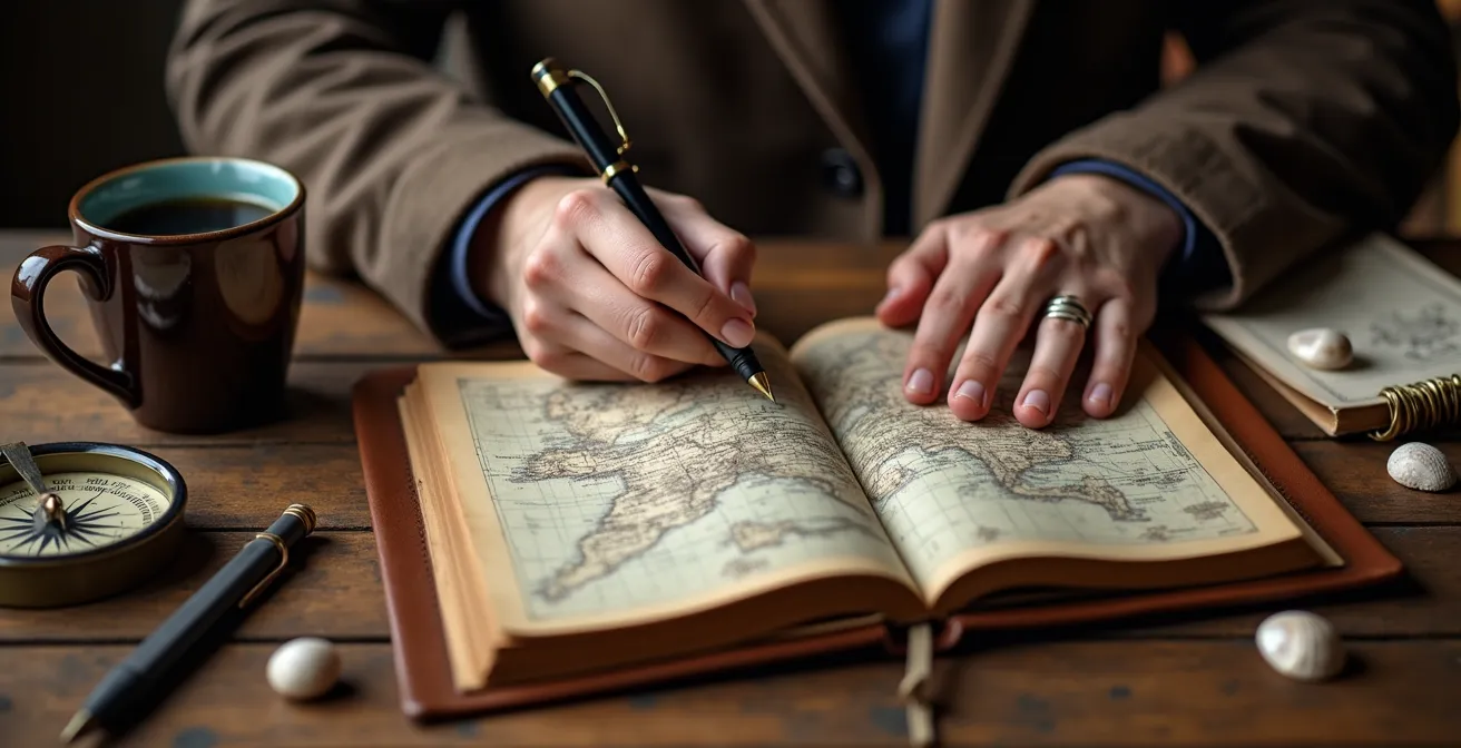 Hände schreiben in ein Reisetagebuch mit Kaffeetasse und Landkarte im Hintergrund