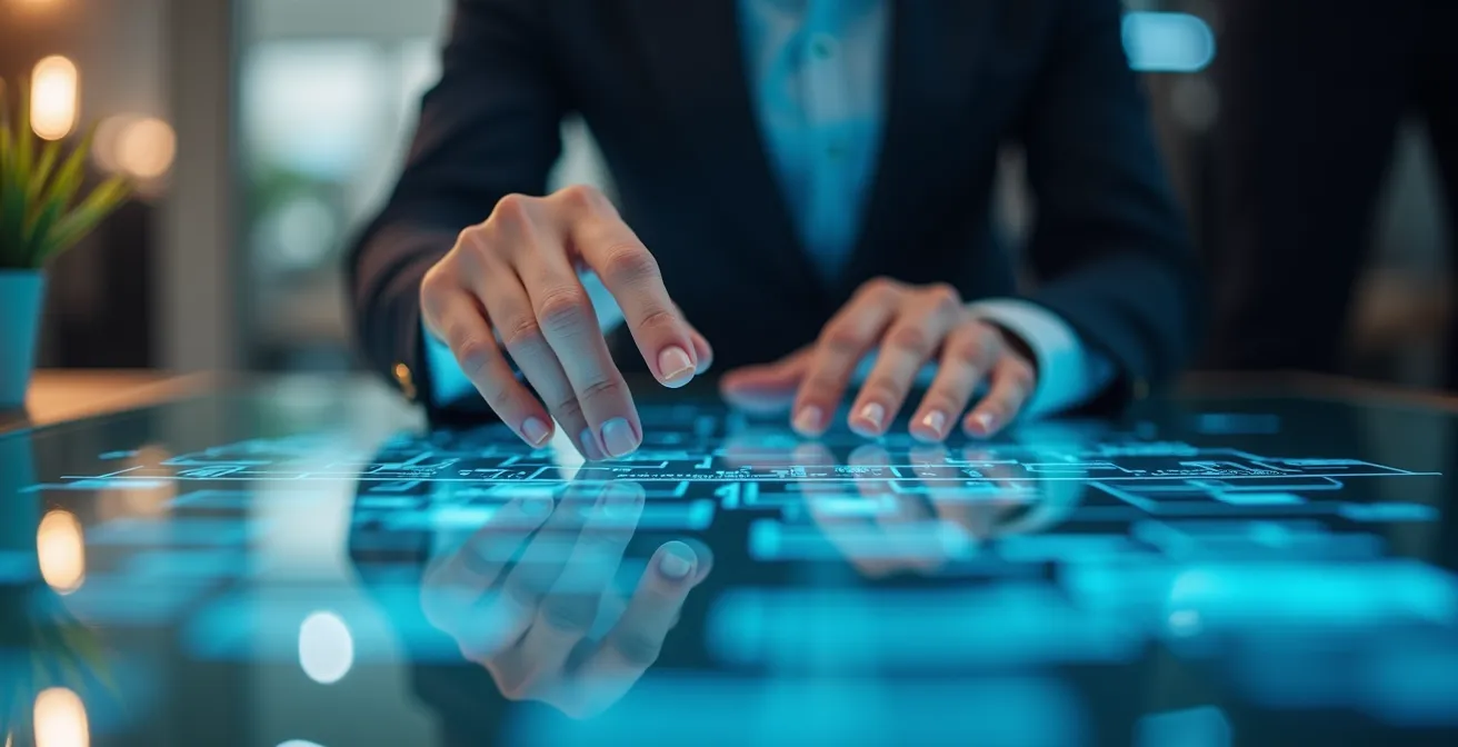 Nahaufnahme von Händen, die mit einem holografischen Workflow-Diagramm interagieren, symbolisiert RPA-Integration