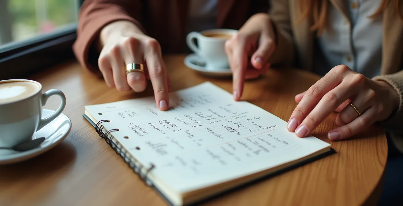 Zwei Menschen verschiedener Kulturen sitzen in einem Café und üben gemeinsam mit Notizbüchern