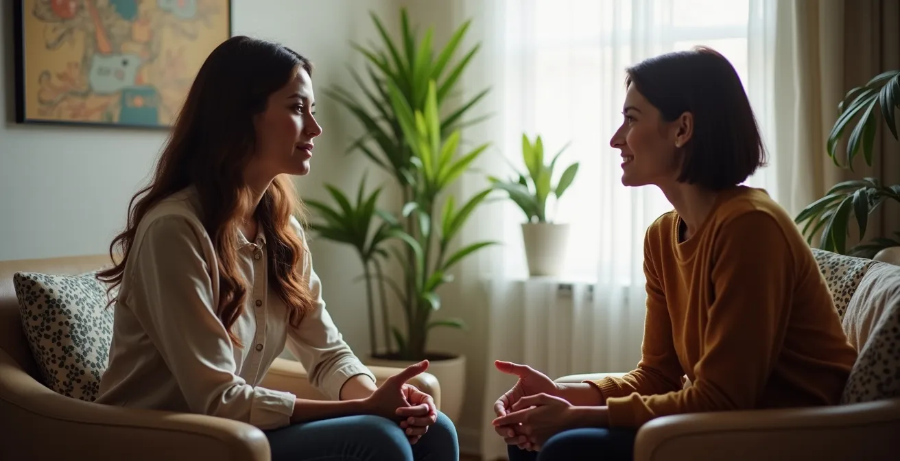 Therapeutisches Gespräch in ruhiger Praxisatmosphäre mit zwei Personen im Dialog