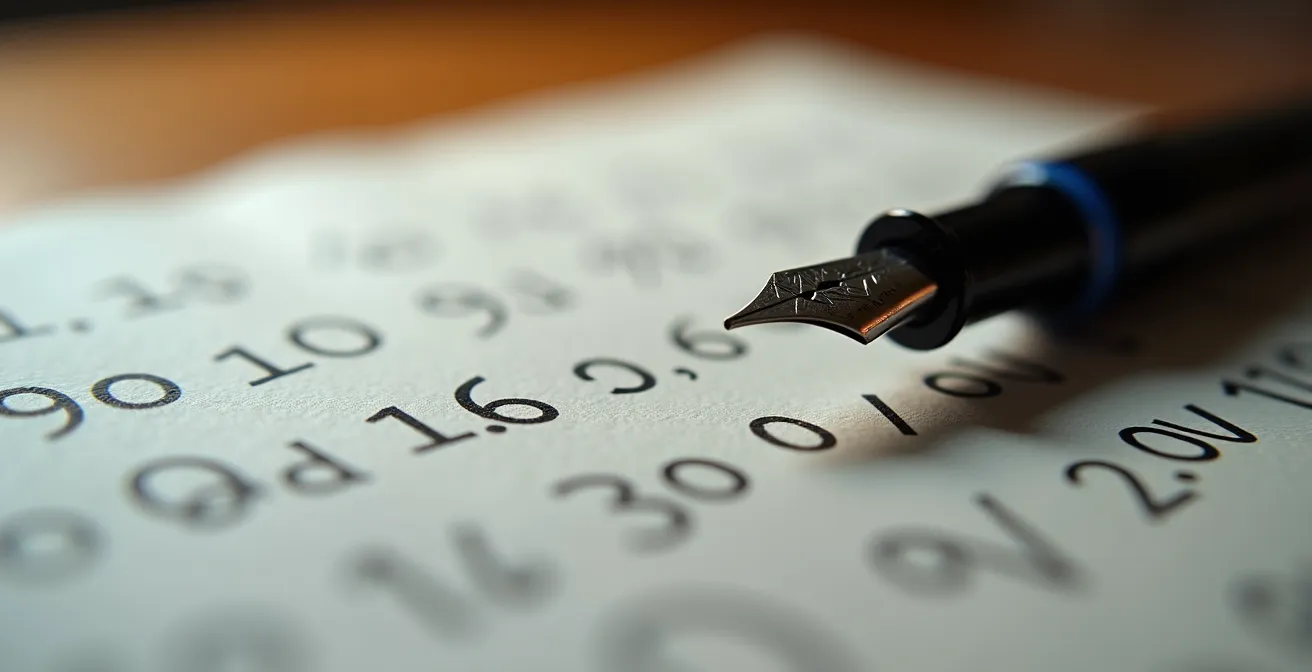 Makroaufnahme von Dokumenten mit Zahlen und einem Stift auf Holztisch