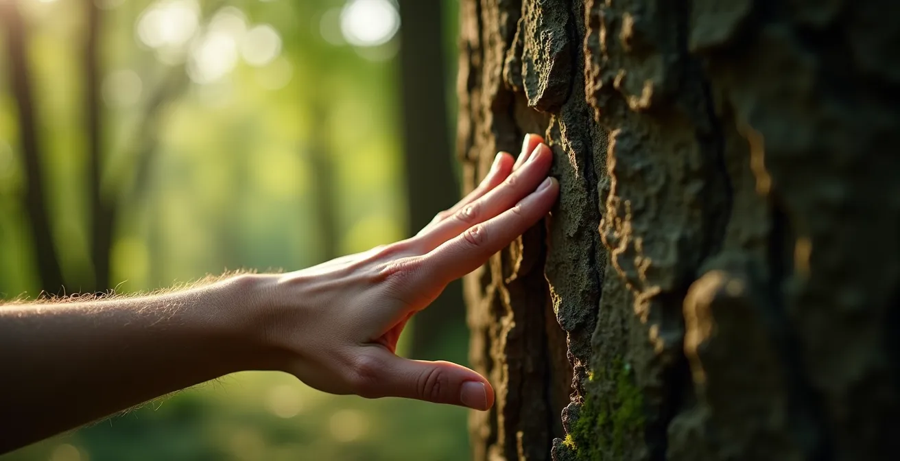Person in meditativer Haltung berührt sanft die Rinde einer alten Buche im mystischen Morgenlicht