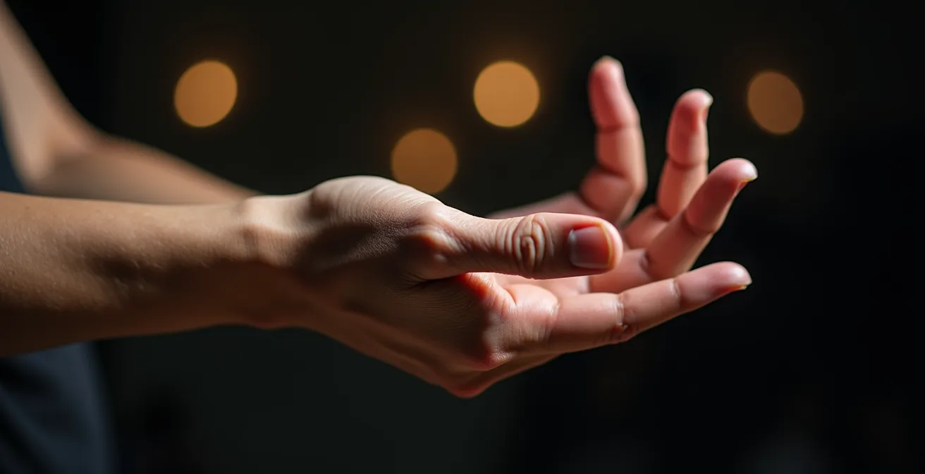 Nahaufnahme von Tänzerhänden in ausdrucksstarker Geste vor dunklem Bühnenhintergrund