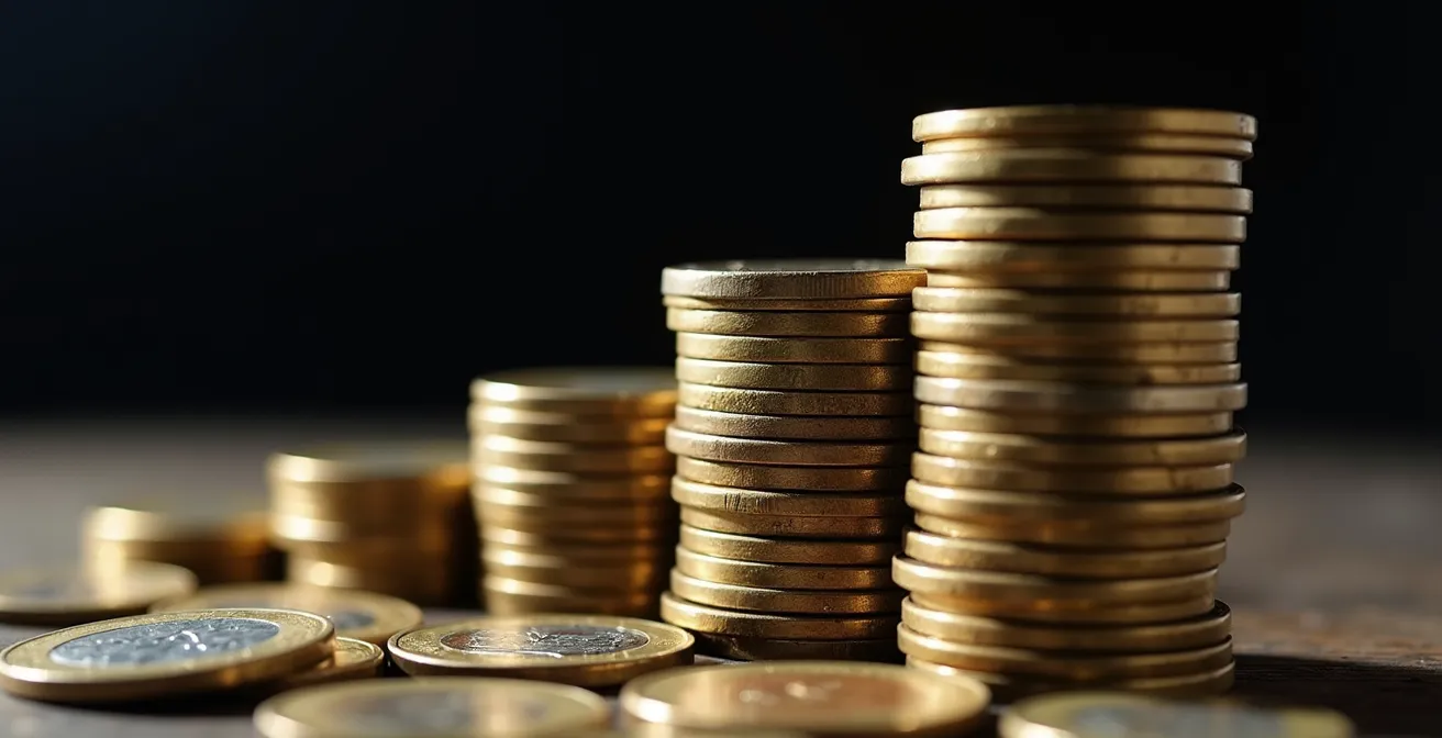 Makroaufnahme von gestapelten Münzen mit exponentieller Wachstumskurve