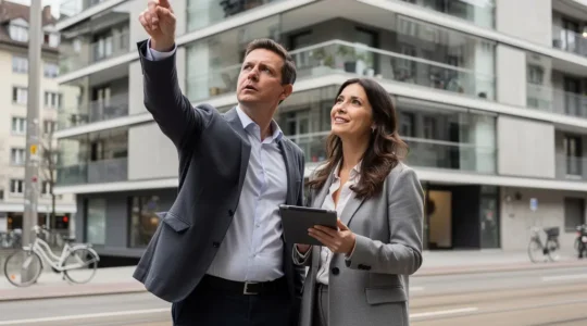 Professionelles Paar bei Immobilienbesichtigung in Zürich (Expat-Wohnungssuche)