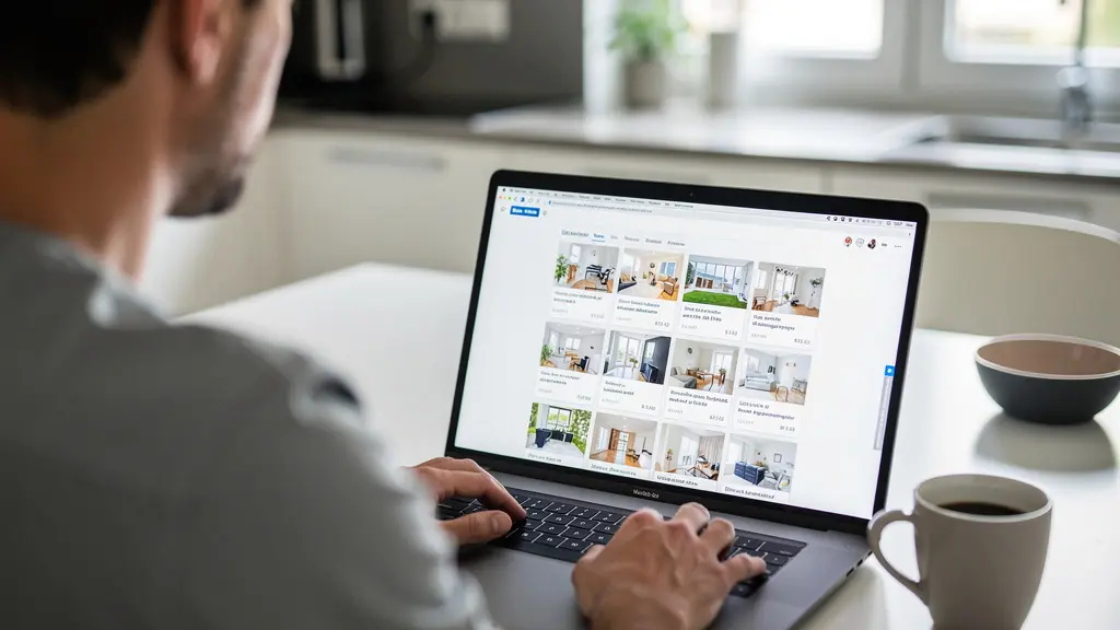 Person recherchiert Maklerprofile am Laptop für Wohnungssuche Zürich